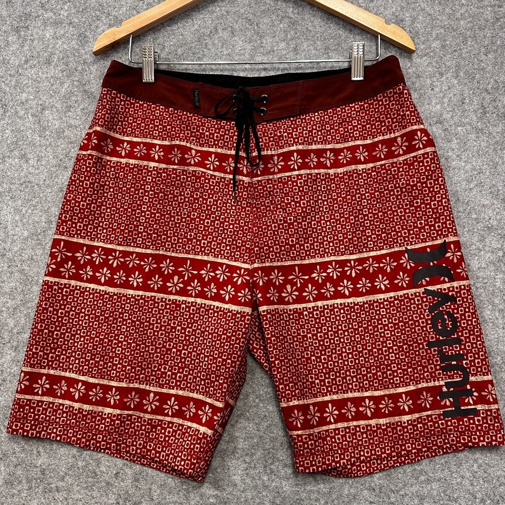 Hurley Boardshorts Mens 31‎ Red Cream Pattern Hurley Leg Logo Y2K Surf Swimwear